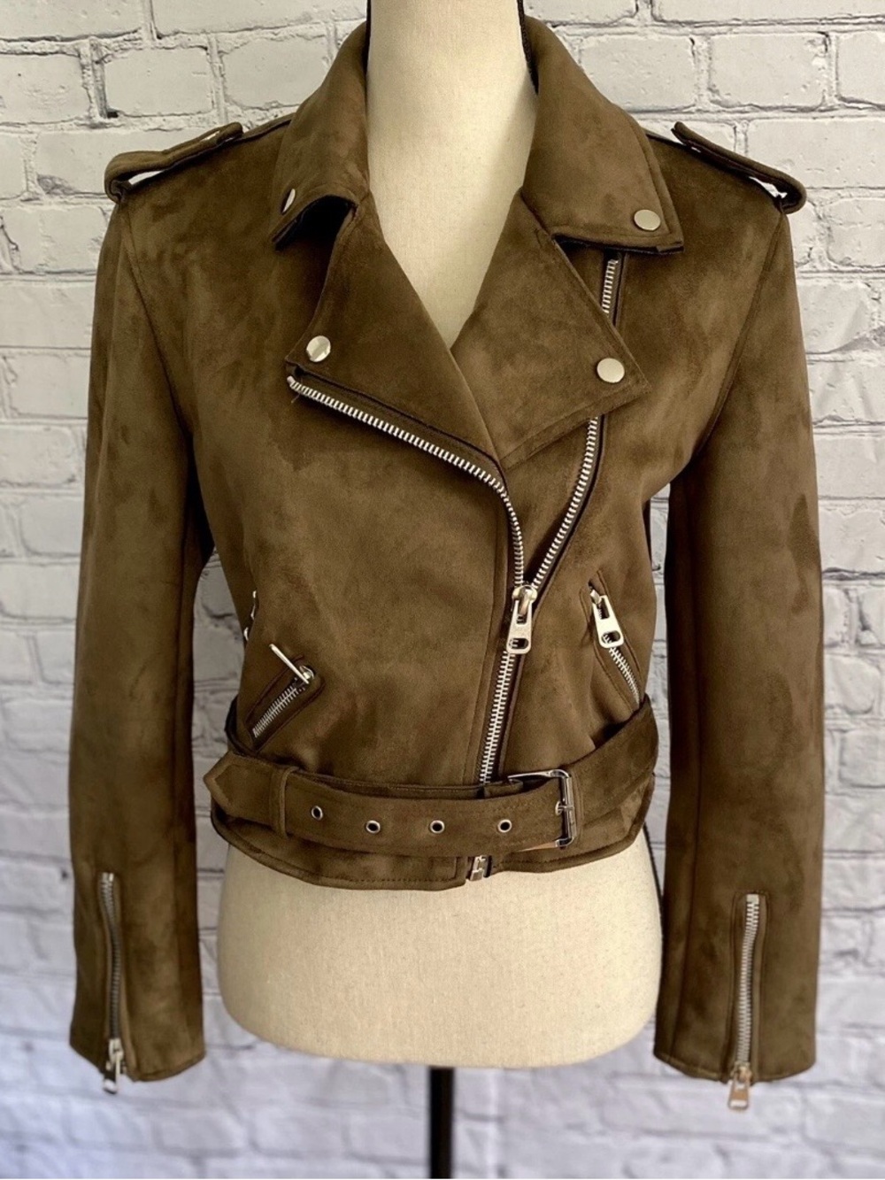 Tahari Women's Brown Faux Suede Asymmetrical Moto Jacket Belted Zipper Accent SM